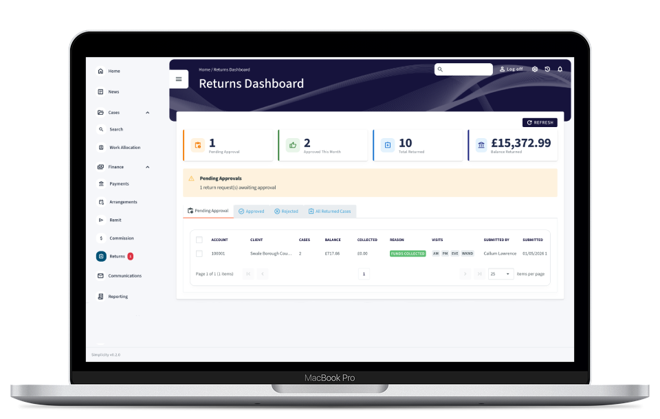 Simplicity Returns dashboard shown on a MacBook